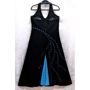 Velvet Halter Gown Rhinestone L Black Turquoise Sequin Back Godet Party Prom